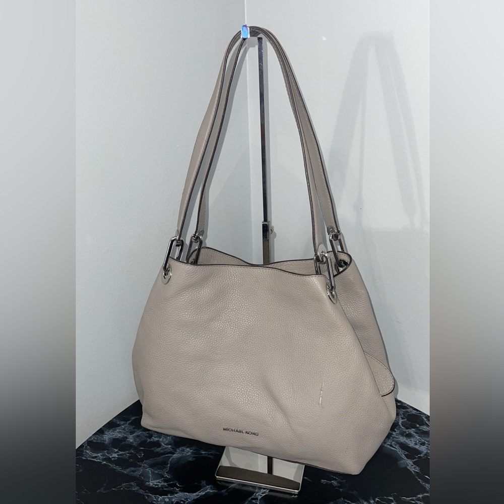 MICHAEL KORS Handbag Raven Large Shoulder Tote Leather Pearl Gray AUTHENTIC